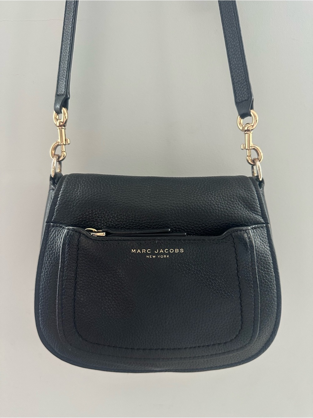 Marc Jacobs Black Pebbled Leather Saddle Crossbody with Gold Hardware